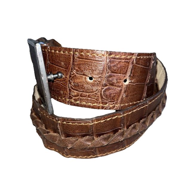 Vin Baker Vintage Crocodile Square Silver Buckle Brown Leather Belt Women Size M - Picture 3 of 16